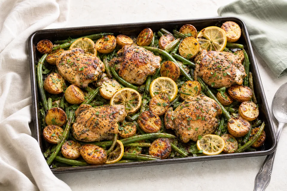 Golden sheet-pan lemon herb chicken with roasted potatoes and green beans