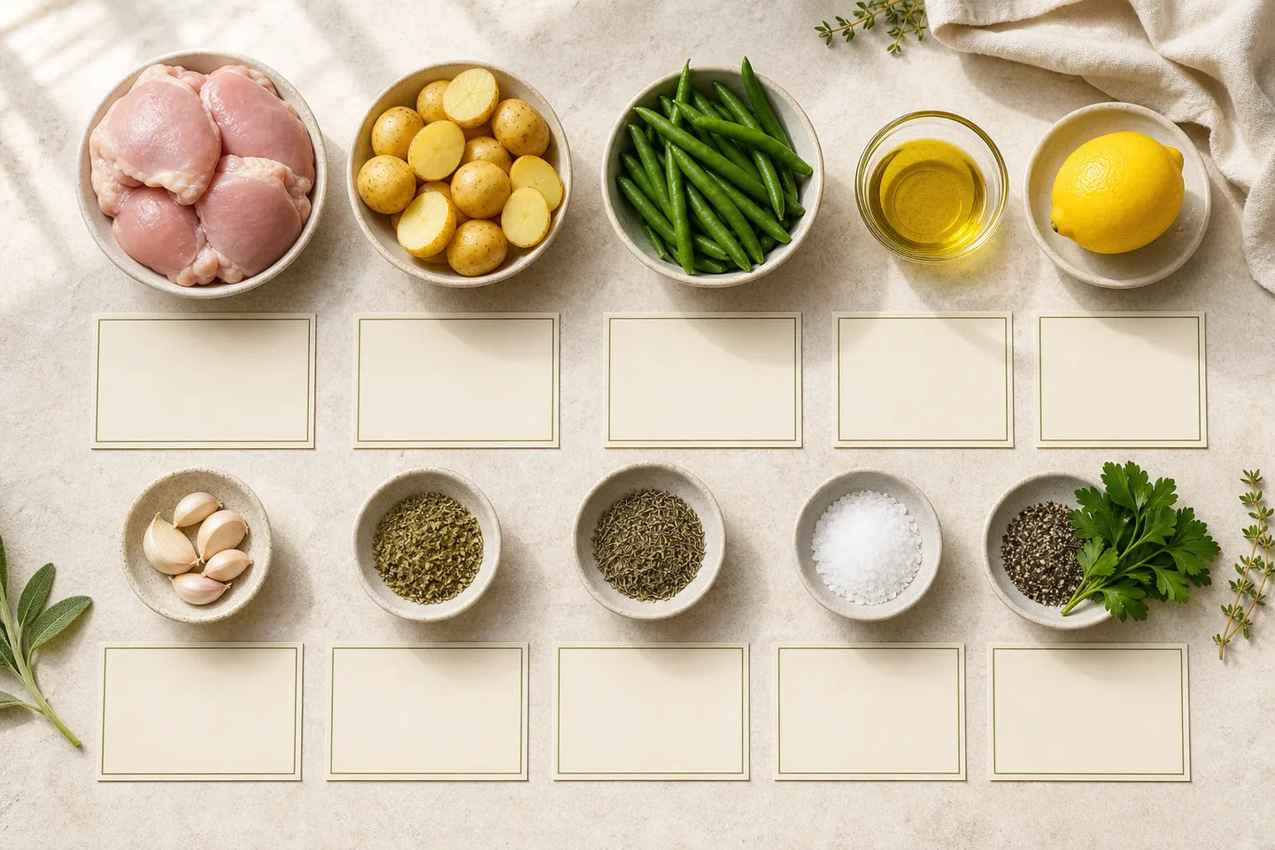 Ingredients for sheet-pan lemon herb chicken arranged in two rows above blank cream label cards