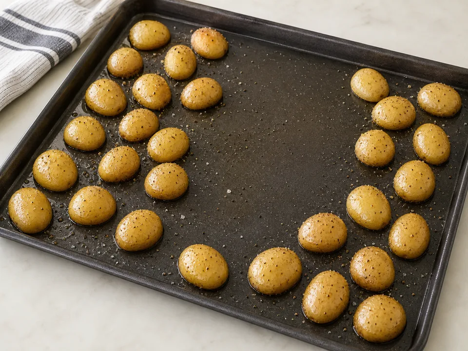 Oiled baby potatoes arranged cut-side down around an open sheet pan