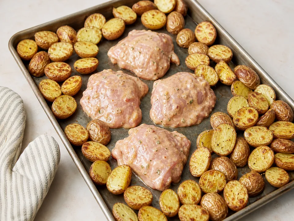 Raw lemon herb chicken placed between partially roasted golden potatoes