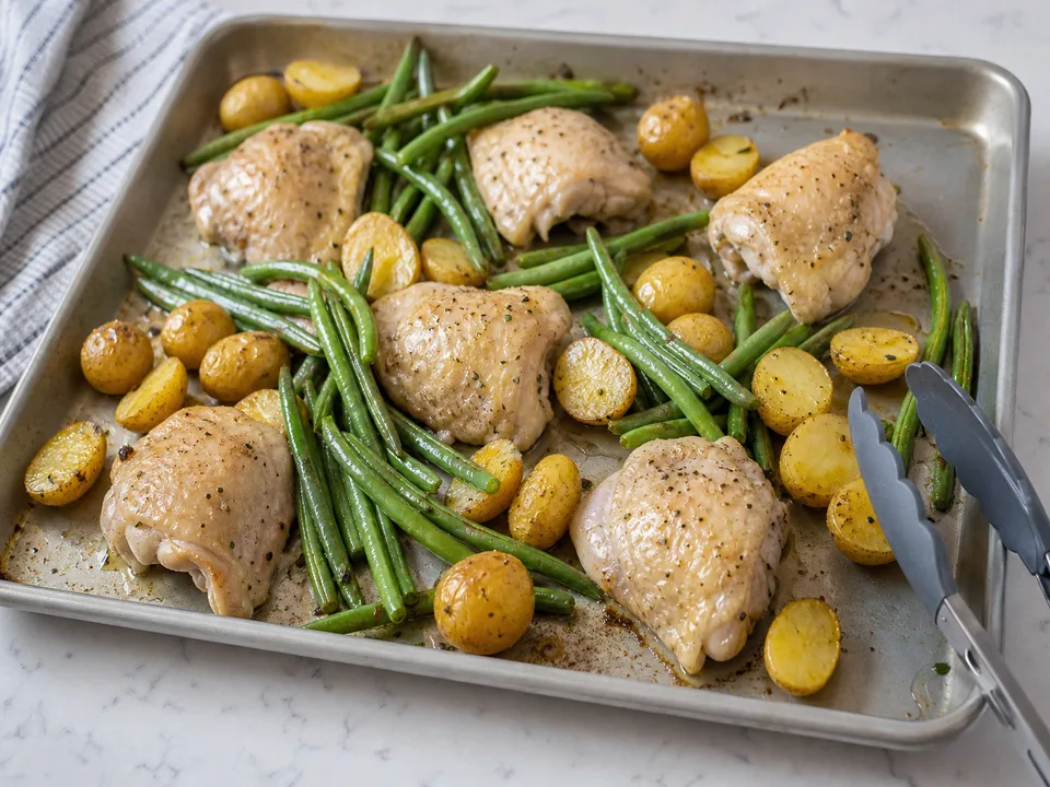 Green beans added around partially roasted chicken and potatoes