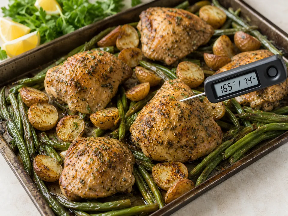 Food thermometer reading 165 degrees Fahrenheit and 74 degrees Celsius in fully roasted chicken